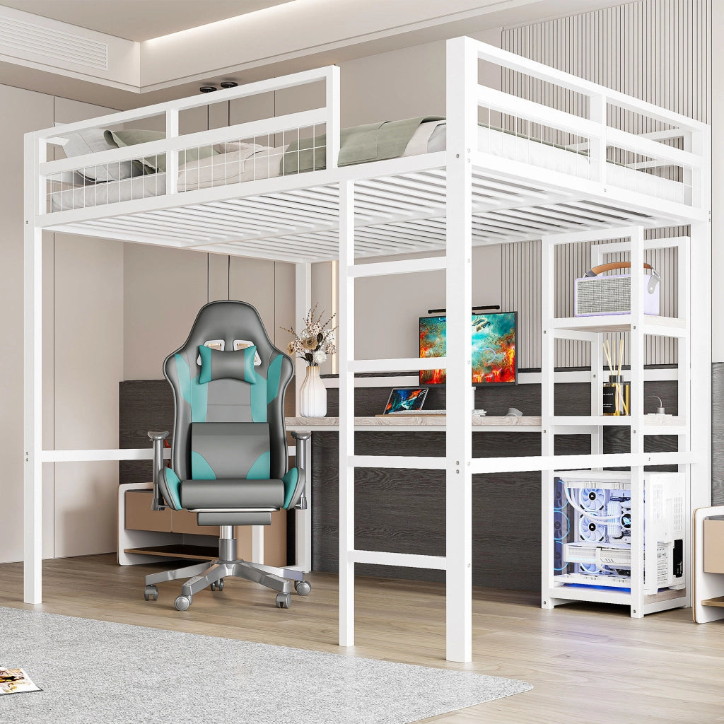 DESMIU Letto a Soppalco Matrimoniale con Scaffali, Scrivania, USB e Type-C 140 × 200 cm, senza materasso, Bianco