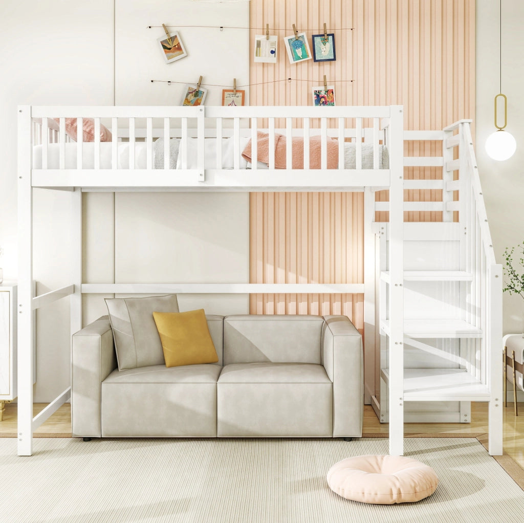 Letto a soppalco 90x200 cm; con scala e armadio; legno; bianco (Senza materasso)
