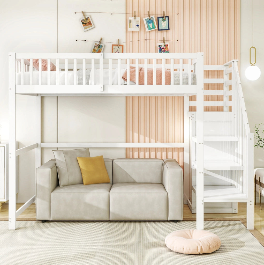 Letto a soppalco 90x200 cm; con scala e armadio; legno; bianco (Senza materasso)