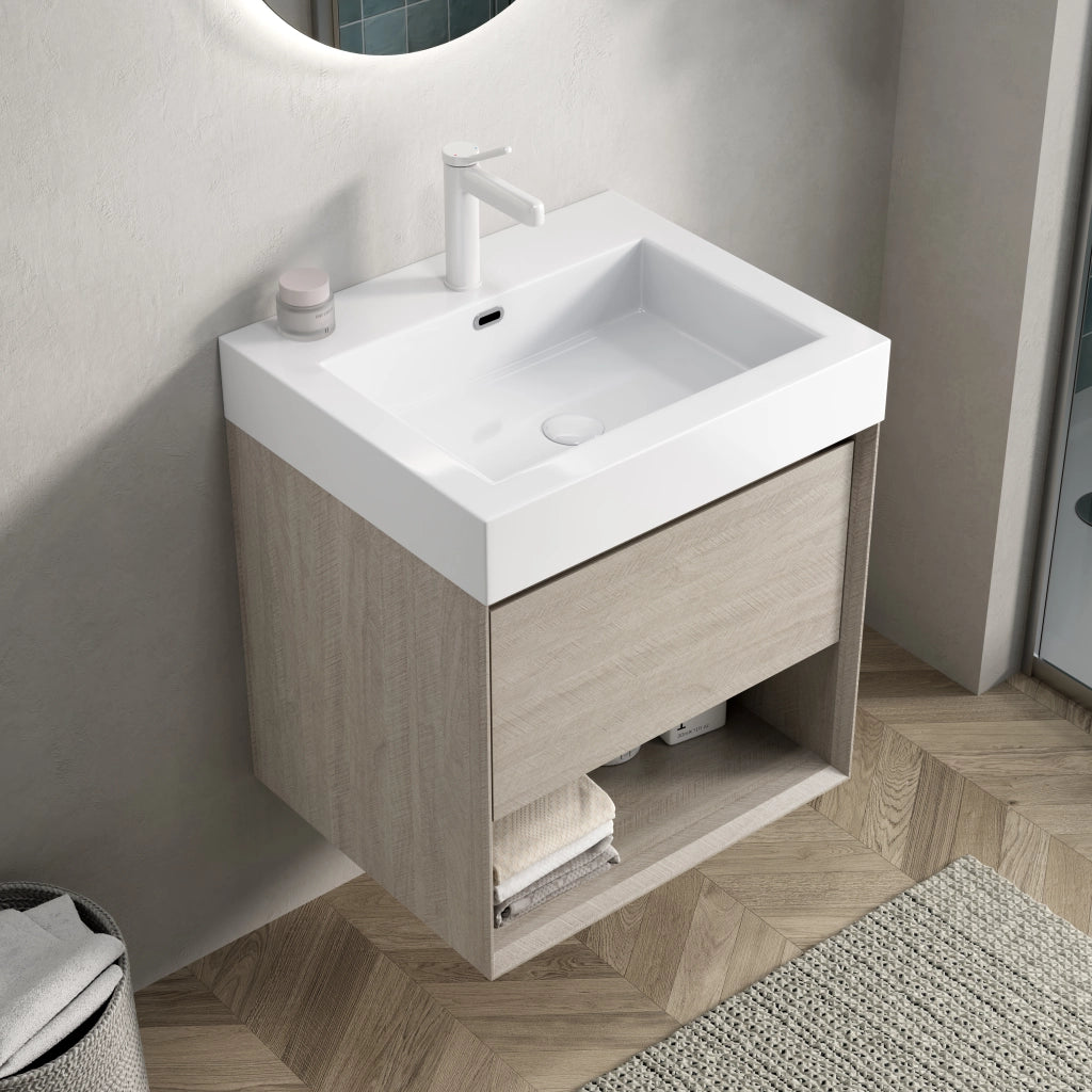 Mobile bagno sospeso con 1 cassetto e 1 vano aperto con lavabo integrato per bagno; 55×46×60 cm; rovere chiaro e bianco