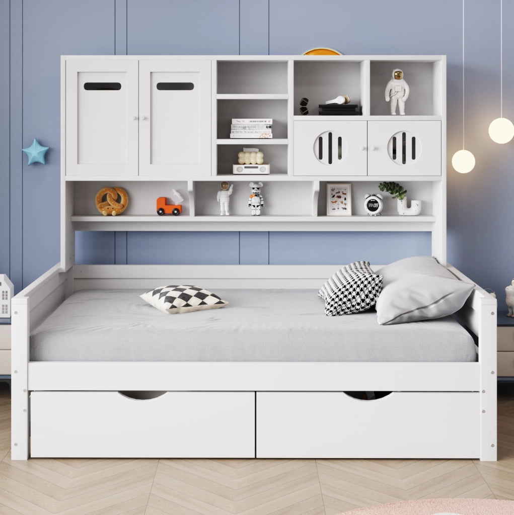 Letto singolo 90x200 in legno bianco con cassetti, armadietti e ripiani