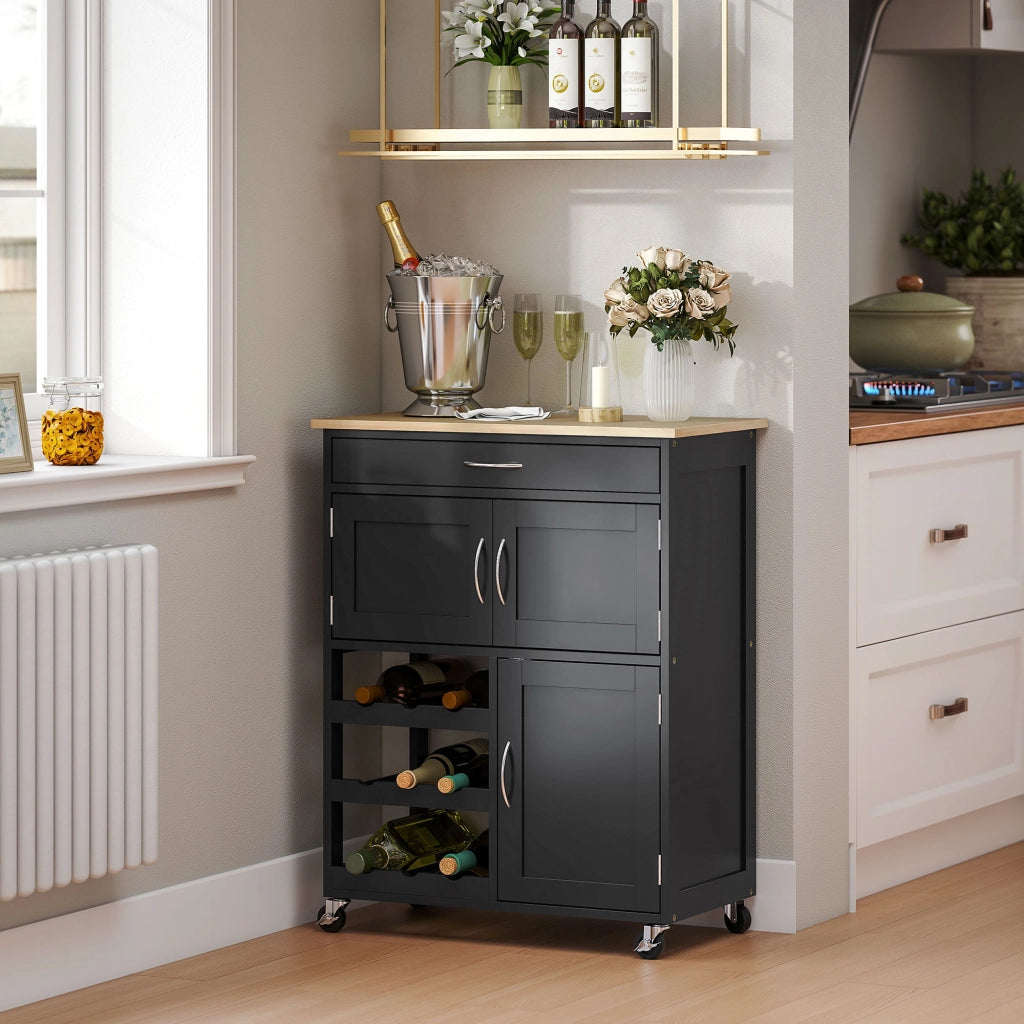 Carrello da Cucina in Legno con Portabottiglie, 3 Ante e Cassetto, 67x37x87 cm, Nero e Rovere