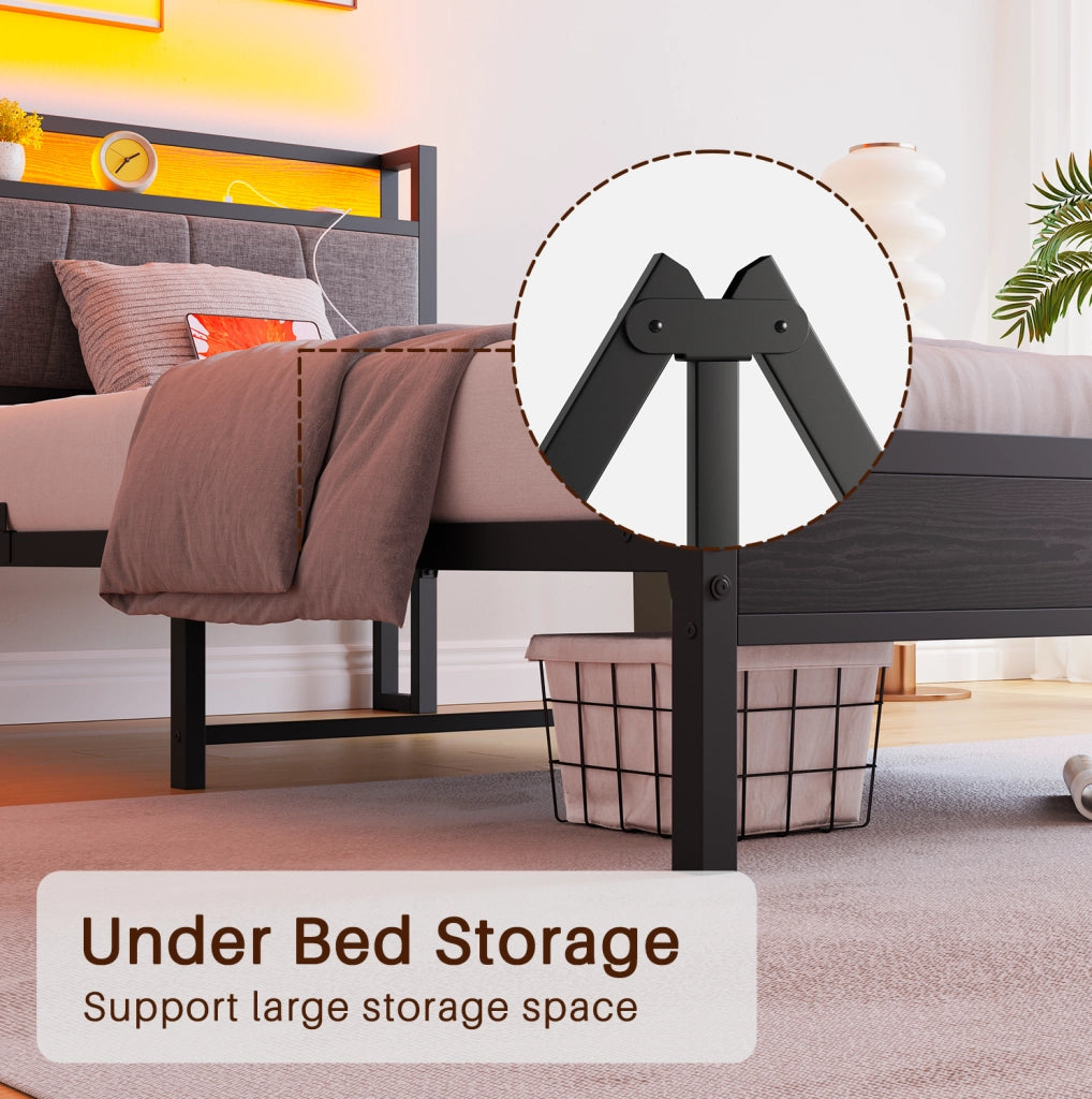 Letto singolo 90x200 cm con LED; testiera contenitore e ricarica USB; MDF e metallo; nero