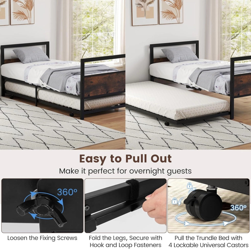 Letto giornaliero con cassetta letto estraibile, struttura letto 90 x 200 cm, con vano portaoggetti, letto per gli ospiti con rete a doghe, letto in metallo, letto estraibile industriale con
