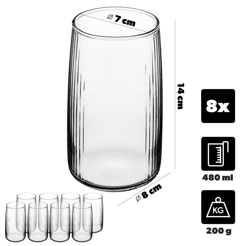 Set di 8 bicchieri da 480 ml per succhi di frutta, modello KADAX, con scanalatura, di grandi dimensioni.