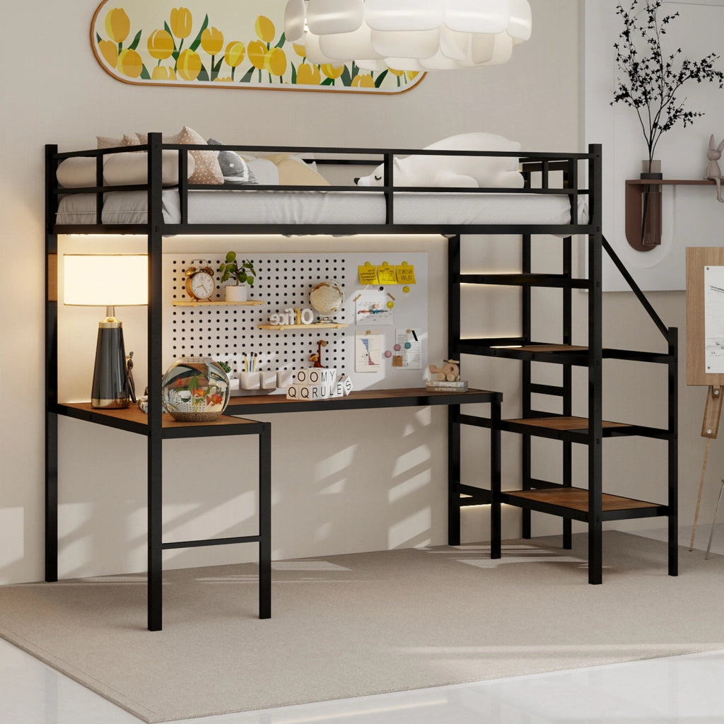 Letto a Soppalco con Scrivania ad Angolo; Scaffali e Scala Contenitore in Ferro Nero
