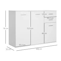 Credenza Soggiorno con 3 Armadietti e 2 Cassetti, Madia Soggiorno Moderna Salvaspazio con Ripiano Regolabile in Legno, 106x35x76 cm, Bianco