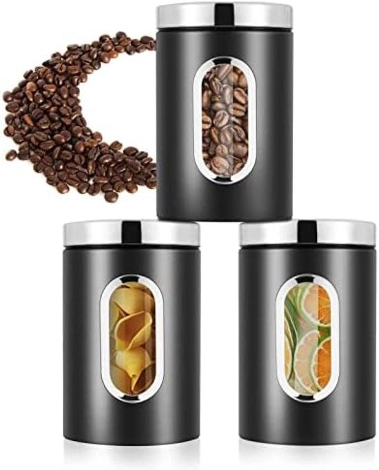 Set di 3 Contenitori di Stoccaggio Aria Imprigionata per Cucina - Contenitori di Deposito in Metallo con Finestra Translucida per Farina, Zucchero, Muesli, Tè e Altro - Nero