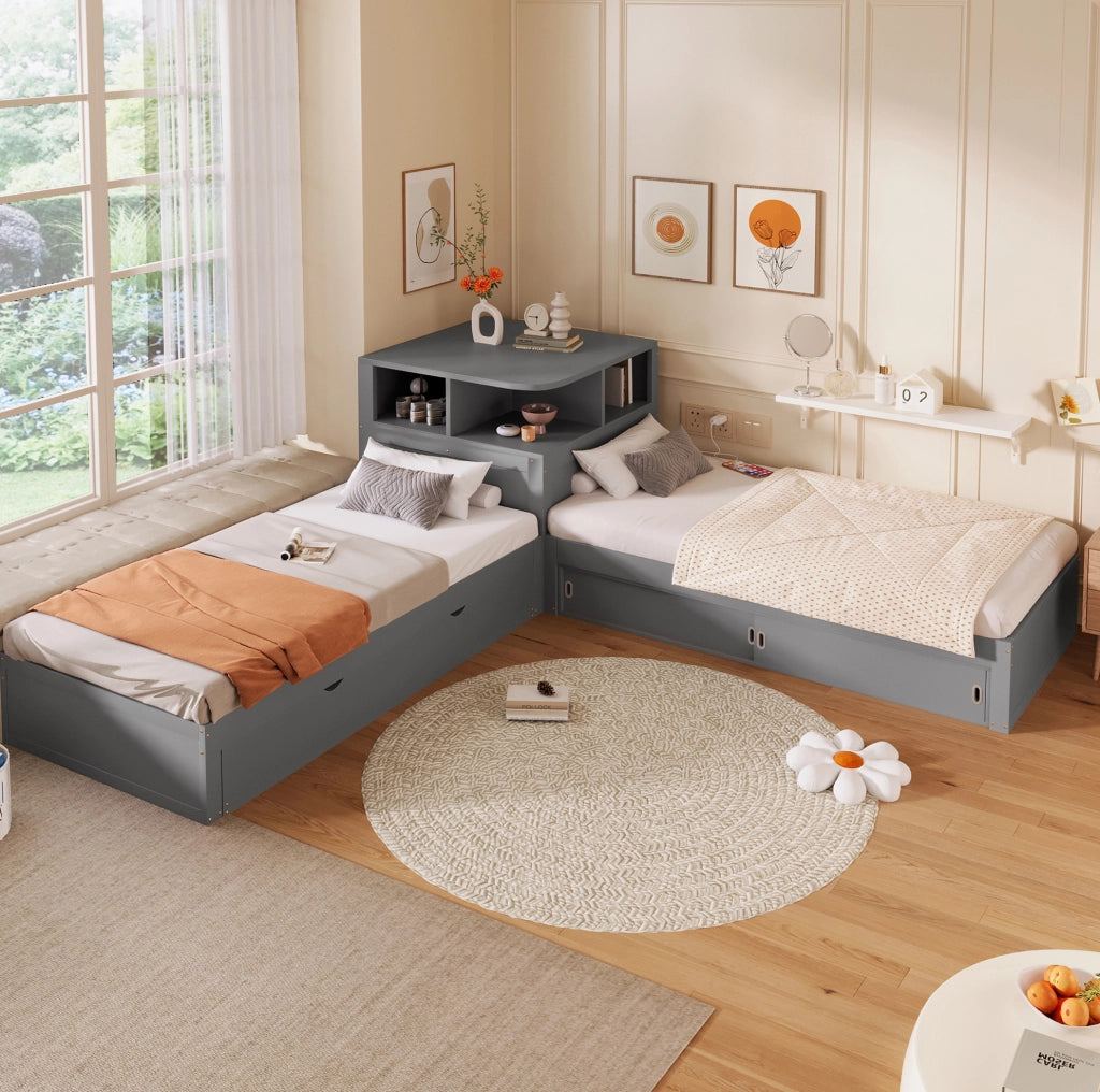 Letto singolo 90x200 con letto estraibile, ante scorrevoli e luce LED grigio