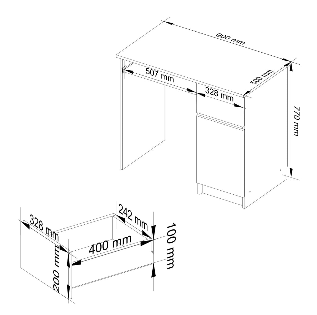 Scrivania per computer AKORD PIKSEL Bianco 90 cm 1 anta 1 cassetto 90x50x77 cm Modello a destra