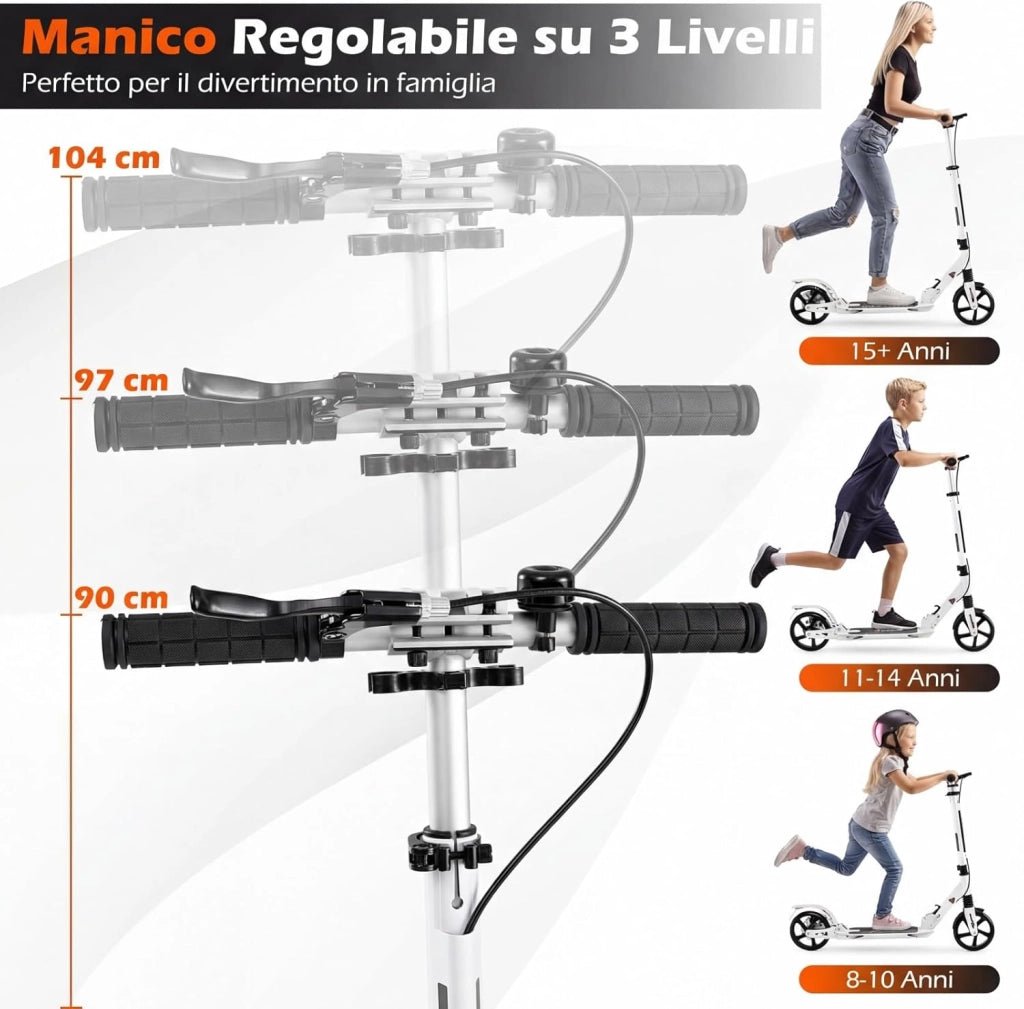 Monopattino Bambini e Adulti, Monopattino a Spinta Pieghevole e Regolabile in 3 Altezze, Monopattino Portatile con 2 Ruote, Cavalletto, Freno e Pedale Antiscivolo, Portata 100 kg