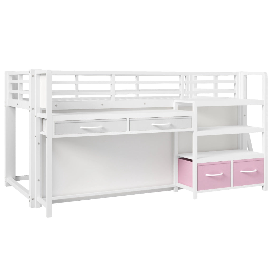 Letto a soppalco ULEVR 90x200 cm con scrivania, ripiani, cassetti in tessuto e LED multicolore, bianco