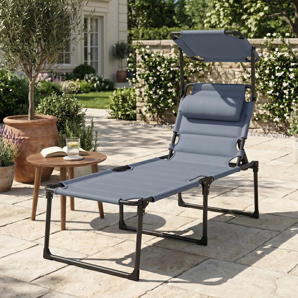 Chaise Longue da Giardino con Tettoia Regolabile ¨C zephmum ¨C Grigio 70x200x45 cm