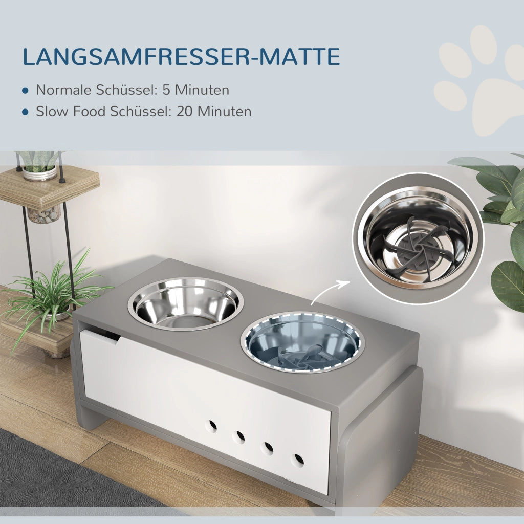 Stazione di alimentazione rialzata per cani con contenitore e ciotole in acciaio inossidabile ¨C Minimal ¨C Grigio 60x50x30