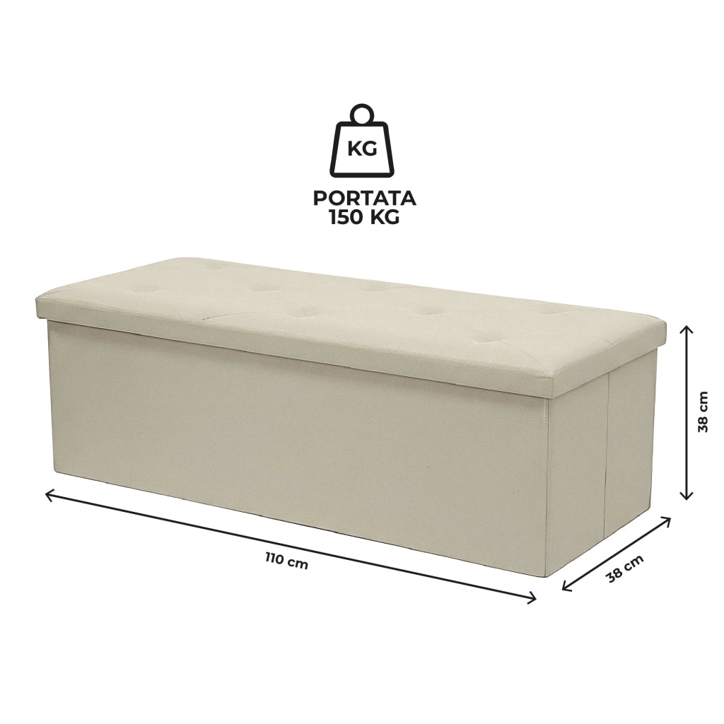 Panca Contenitore XXL 110 cm con Seduta Imbottita e Vano Salvaspazio, Pouf Contenitore Effetto Lino, Portata 150 kg, Cassapanca Pieghevole Off White