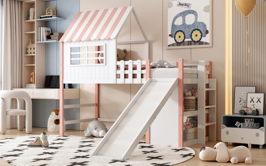Letto a soppalco 90x200 cm con scivolo e scala in legno e MDF rosa