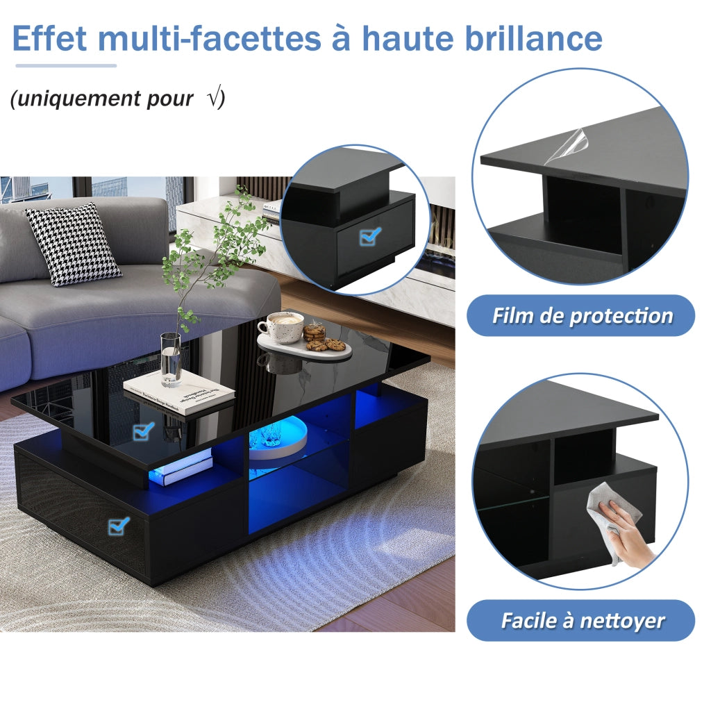 Tavolino da caffè 100x50x36 cm con LED; 2 cassetti e ripiani in vetro; nero lucido