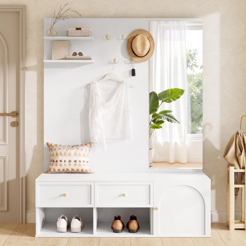 Mobile ingresso con 2 cassetti; 5 ganci e specchio - per ingresso - 120×35×159 cm - bianco
