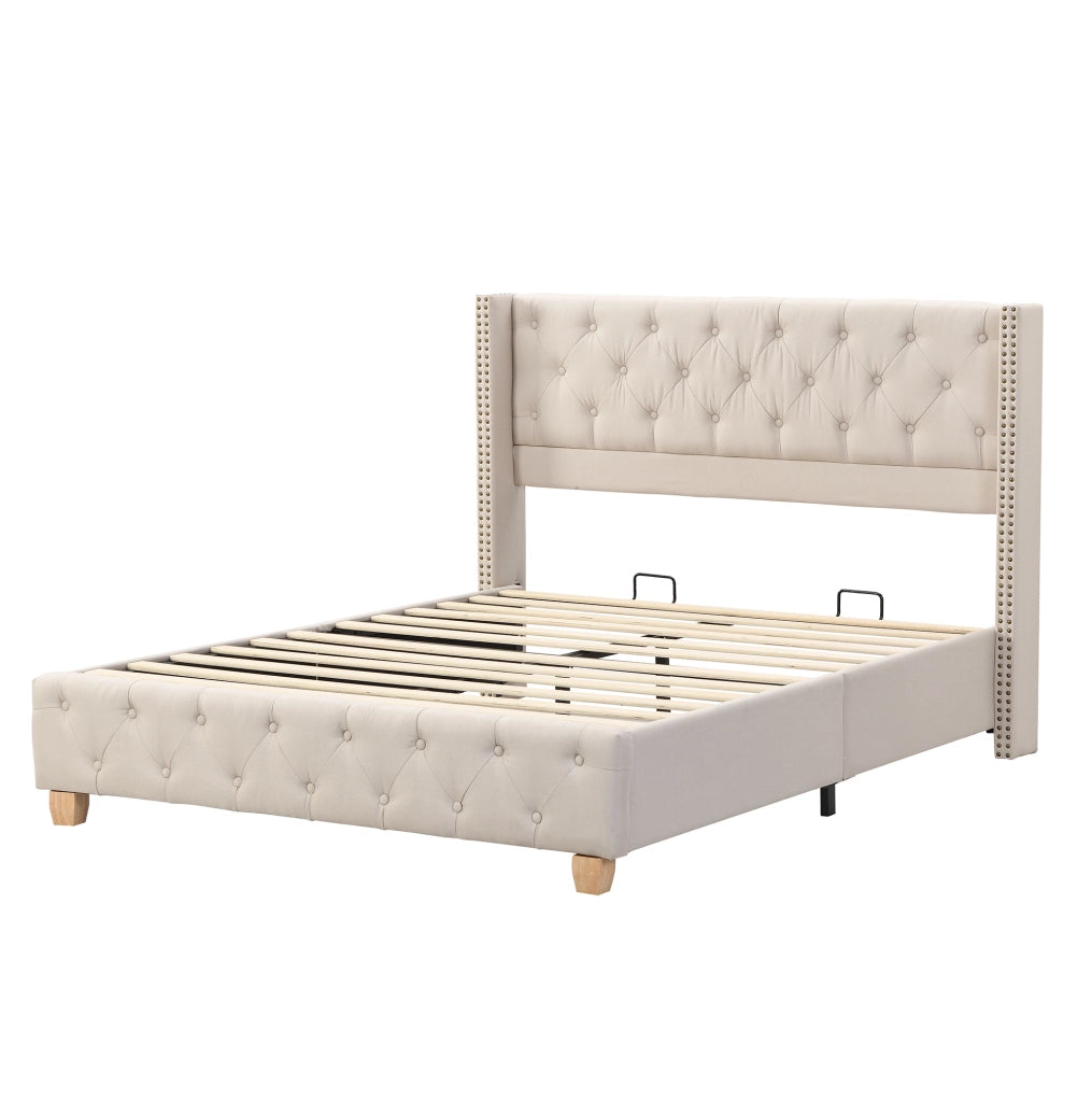 Letto imbottito 140x190 cm in lino beige con rete a doghe