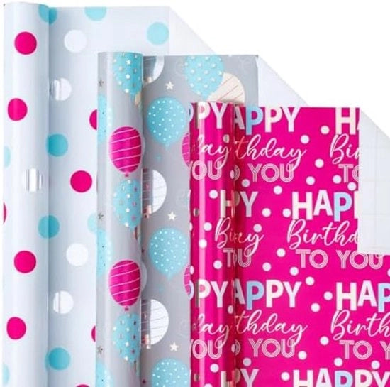 Set di carta per confezionamento di compleanni - 3 rotoli - Ballo, punti e disegno di felicità per il compleanno - 43,2 cm di larghezza × 3 metri di lunghezza - confezionamento DIY e fai da te per regali
