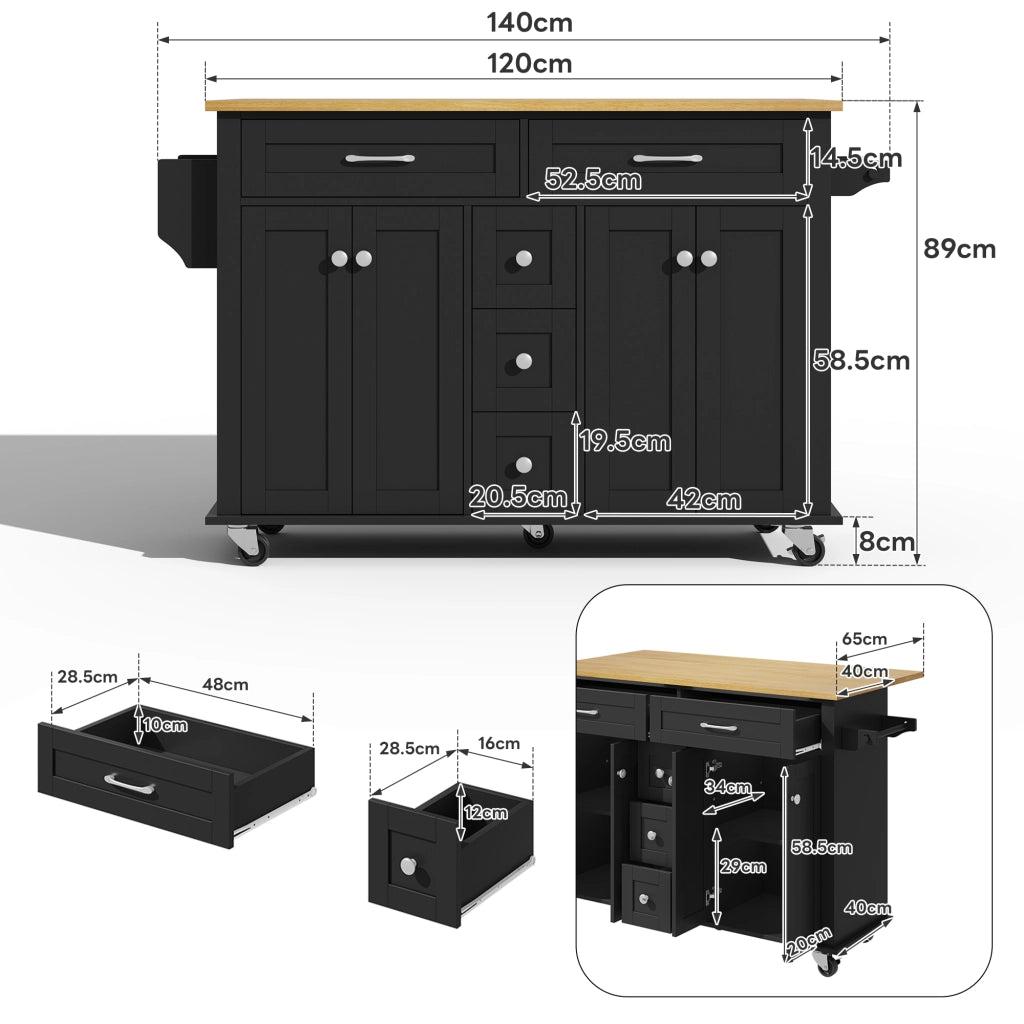 Carrello da Cucina con 5 Cassetti; 2 Armadietti; Piano Pieghevole e Ruote; MDF; Nero Naturale; 140 x 40 x 89 cm