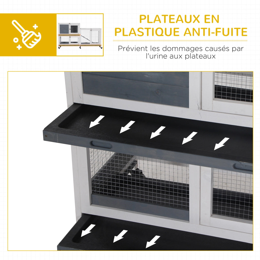 Casetta per conigli 2 piani con ruote ¨C zephmum ¨C 147x45.5x88.5 cm grigio e bianco