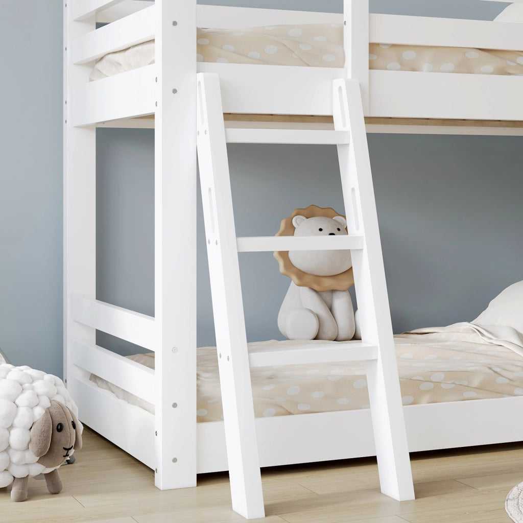 Lit a castello per bambini 90 × 200 cm 2 posti con porta, lavagna, finestre, tetto e scala inclinata, senza materasso, bianco