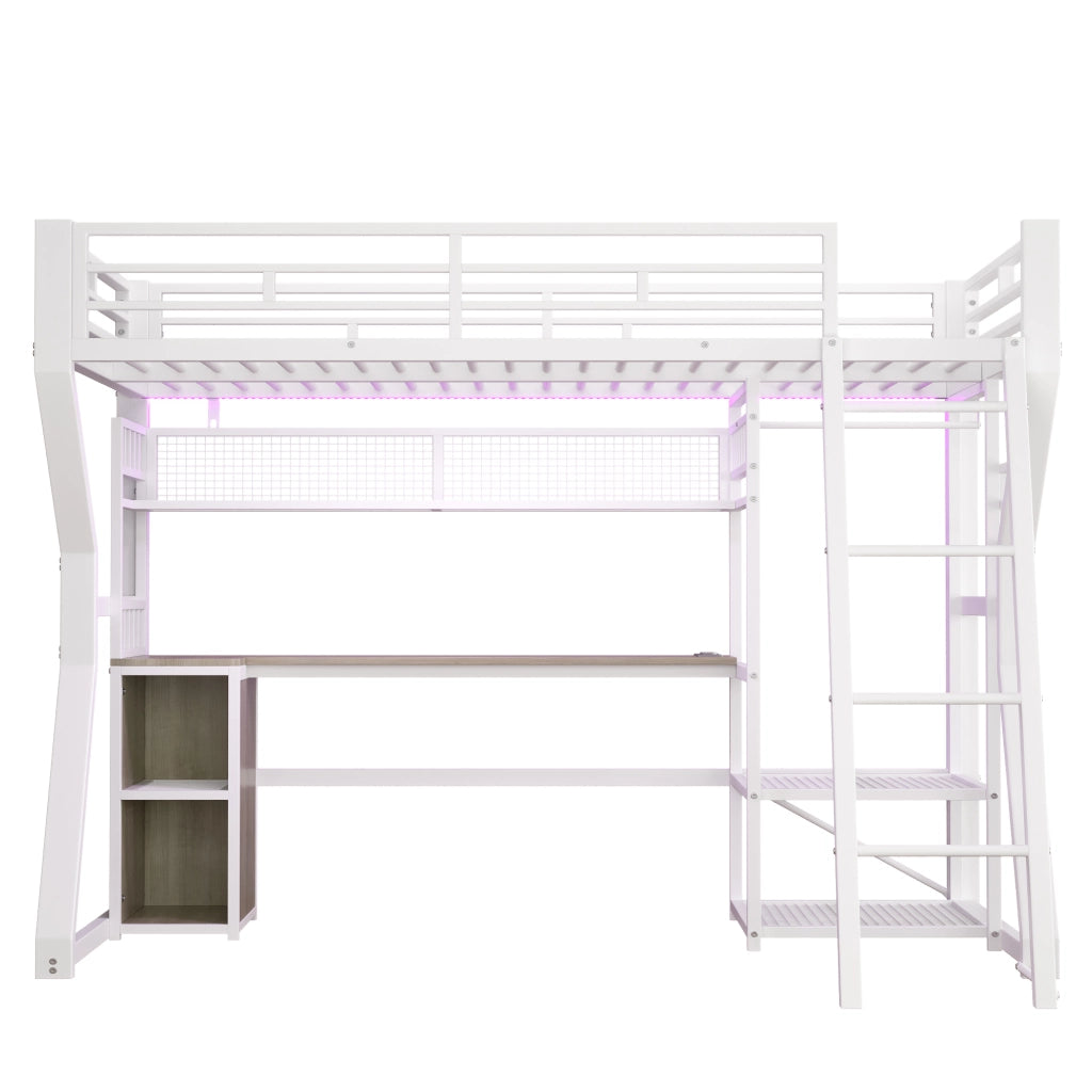 Letto a Soppalco con Scrivania e LED ¨C MINIMAL ¨C Bianco 90x200 Metallo