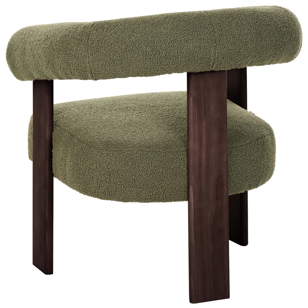 Poltrona verde e marrone scuro con rivestimento in bouclé design retrò gambe in legno per soggiorno