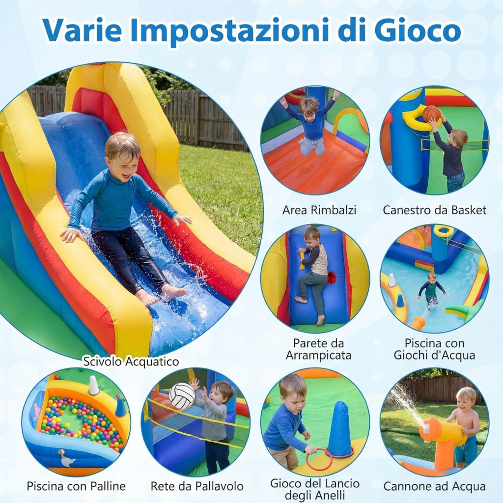 Castello Gonfiabile per Bambini, Grande Parco Acquatico per Bambini con Piscina, Scivolo, Parete d'Arrampicata, Palline Oceaniche e Gioco degli Anelli, per Bambini 3-12 Anni