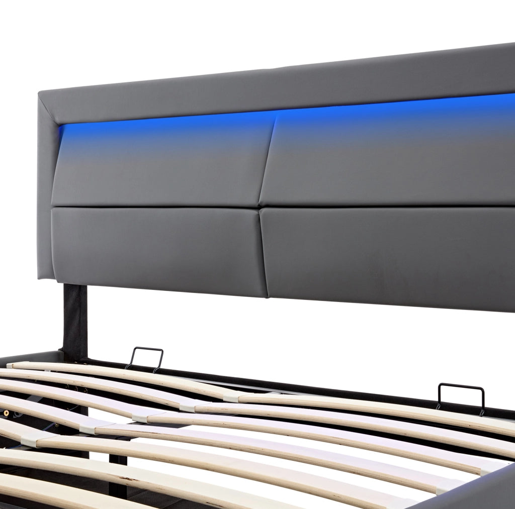 Letto imbottito 140x200 cm con USB; LED e contenitore; PU; grigio