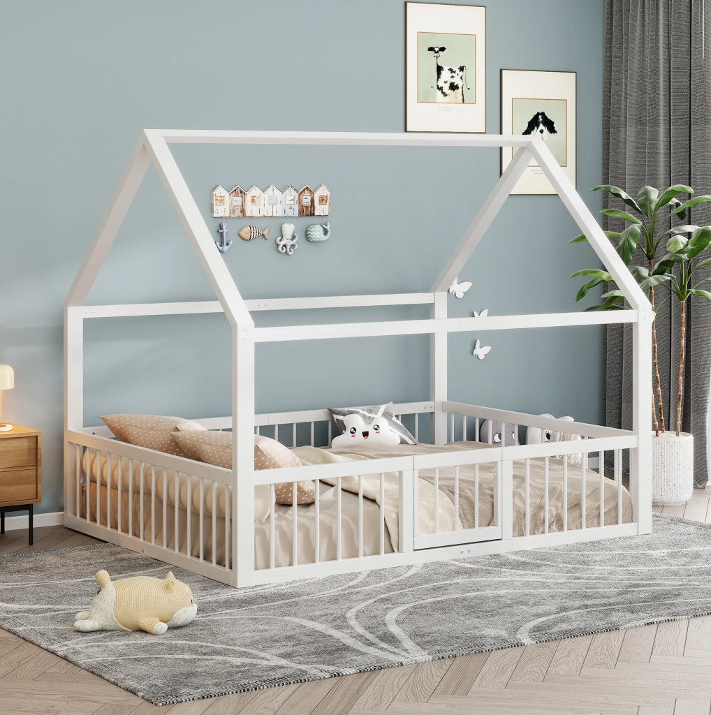 Letto per bambini a casetta 140x200 cm in metallo bianco con sponde di sicurezza