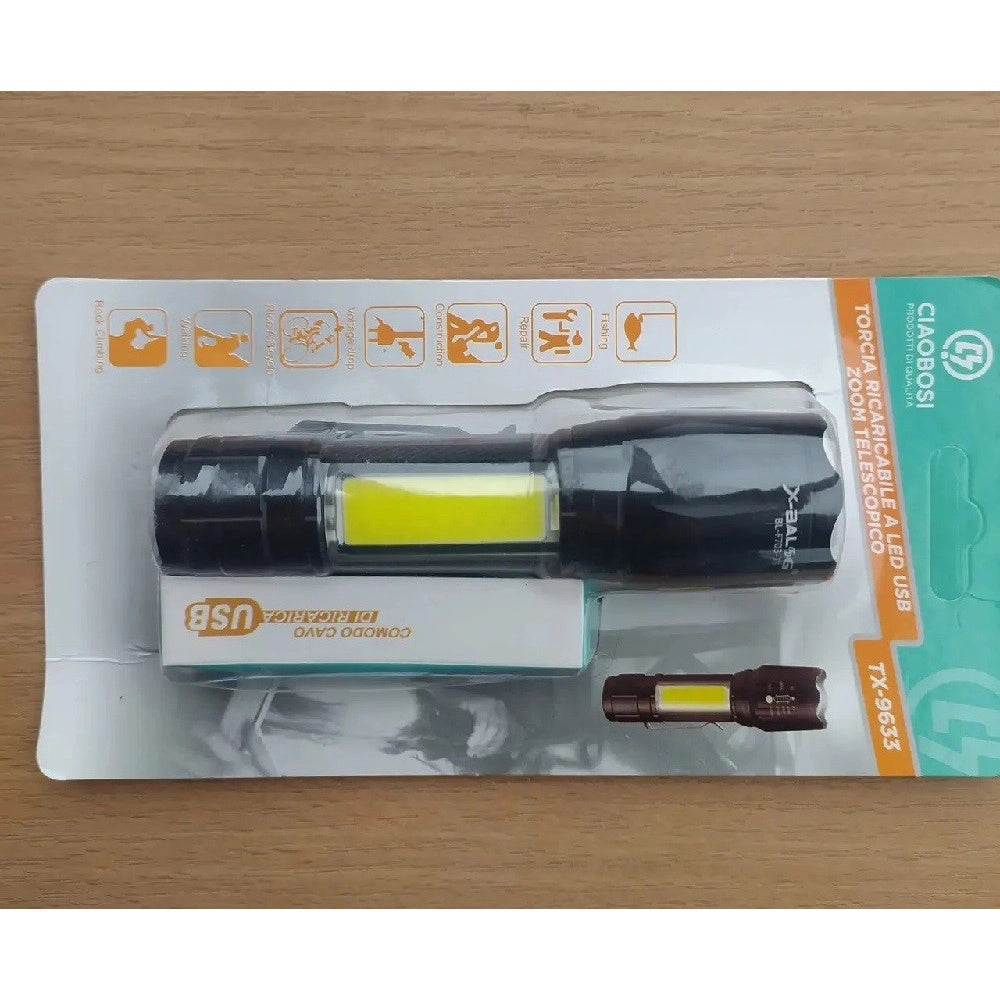Trade Shop - Torcia Tattica Usb Ricaricabile A Led Zoom Telescopico Escursioni Pesca Tx-9633 -