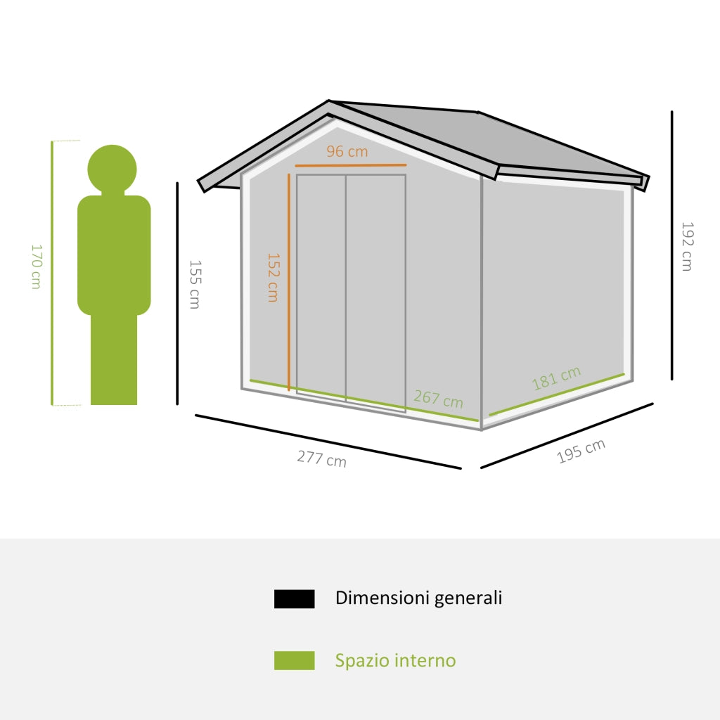 EasyComfort Casetta in Acciaio con Fondazione, 4 Prese d'Aria e 2 Porte Scorrevoli, 277x195x192 cm, Grigio Scuro