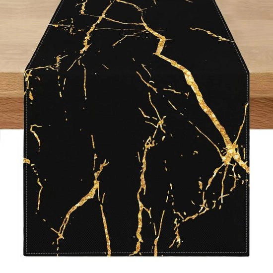 Tavolo da pranzo in lino 200x40 cm con texture abstracta in oro e nero, adatto a cucina, sala da pranzo e camera da letto