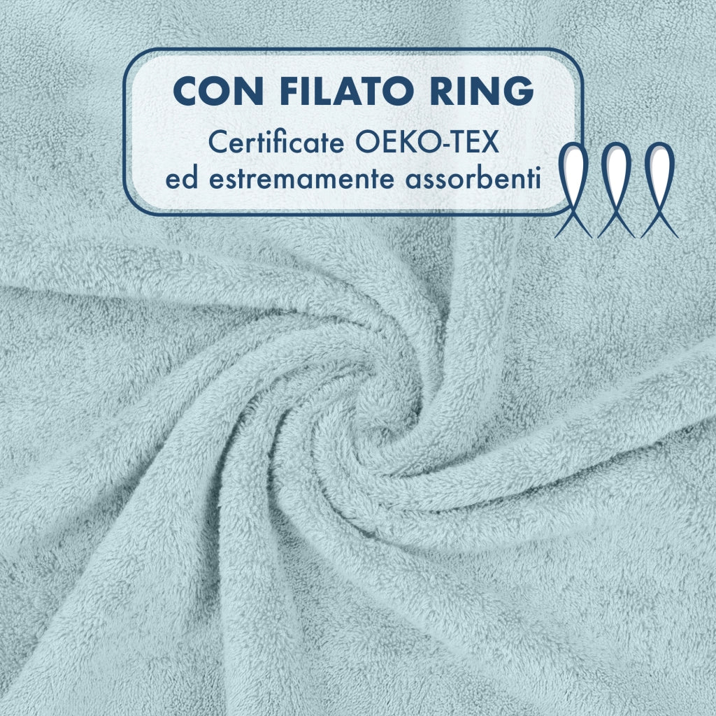 Asciugamani Bagno 100% Spugna Puro Cotone 500 Gr 4 Pezzi 2 Salvietta Viso 2 Asciugamano Ospite Mani Qualità Certificato Oeko-Tex Salviette Super Morbide Bicolore BluJeans/Cielo