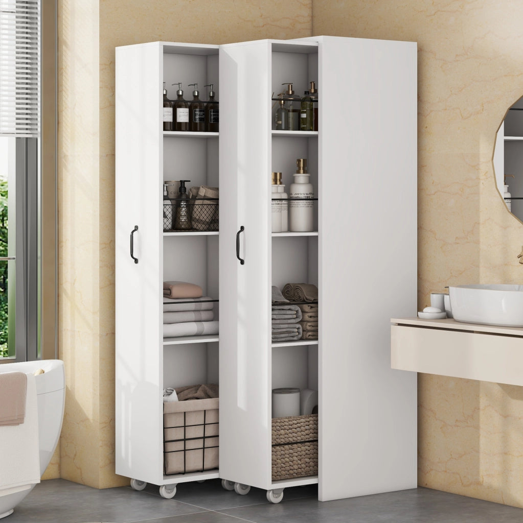 Libreria estraibile su ruote a 4 ripiani; MDF bianco; 51;5 x 41 x 158 cm