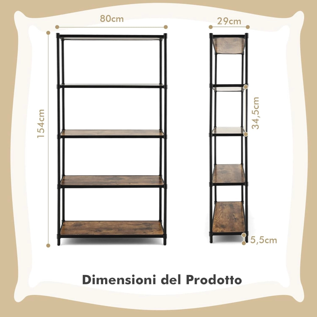 Scaffale a 5 Livelli, Scaffale di Stoccaggio Robusto, Libreria Multifunzionale e Flessibile per Ufficio Soggiorno Camera da Letto e Cucina, 80x29x154 cm