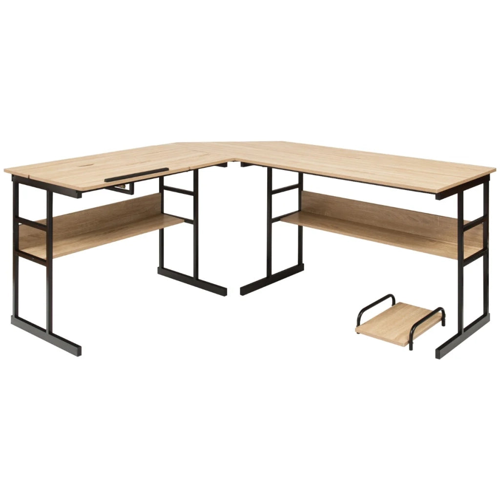 Scrivania angolare a L 170 x 150 x 75 cm regolabile con 2 ripiani aperti design moderno in legno naturale e metallo 20_0010847