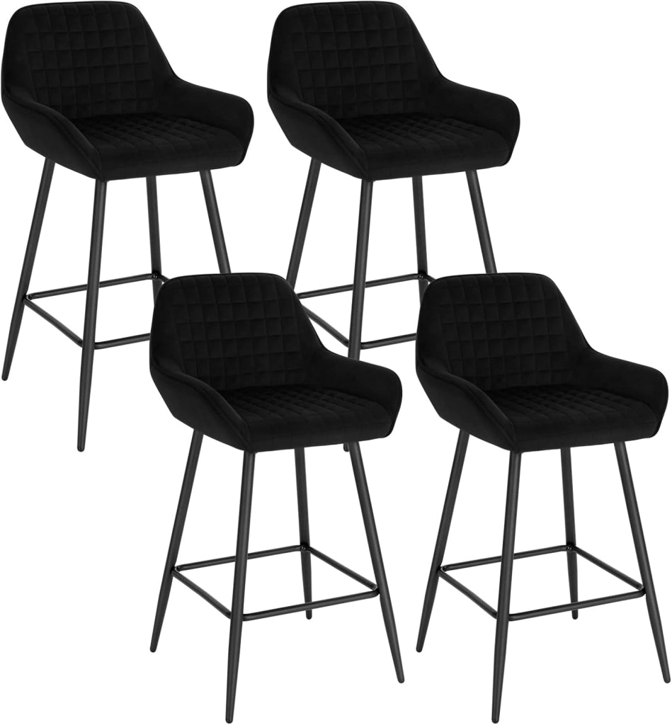 Set di 4 Sgabelli da Bar, Sedie da Cucina, con Schienale & Braccioli, Struttura in Acciaio, Seduta Ampia in Velluto Altezza di 64 cm, Colore Nero BH372sz-4