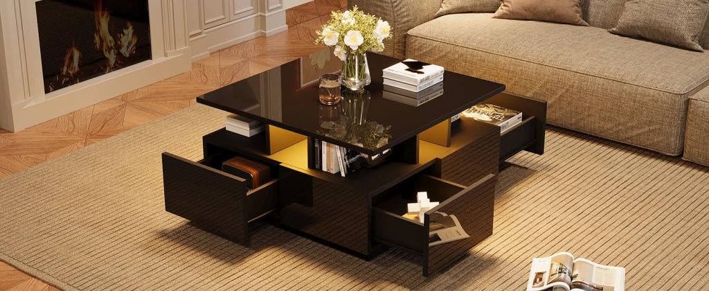 TAVOLINO da salotto 70x70x40 cm nero lucido con LED e 4 cassetti