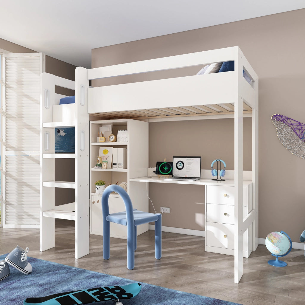 Letto a soppalco multifunzione con scrivania USB-C e ampio spazio contenitivo