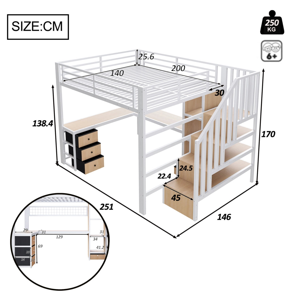 Letto a soppalco 140x200 cm in metallo e MDF bianco con scrivania; LED e contenitore