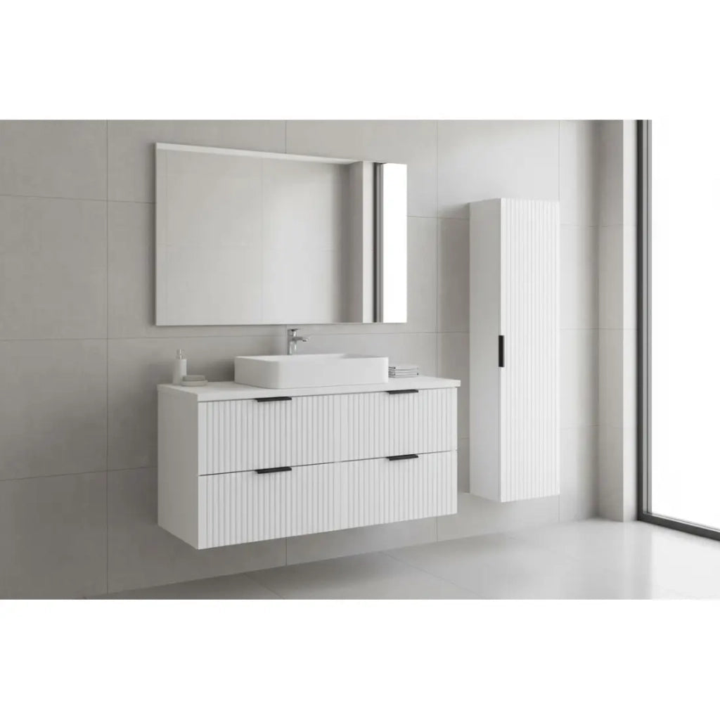 Set da bagno NOXERA 120 cm – Mobile sottolavabo sospeso bianco opaco con piano per lavabo e colonna