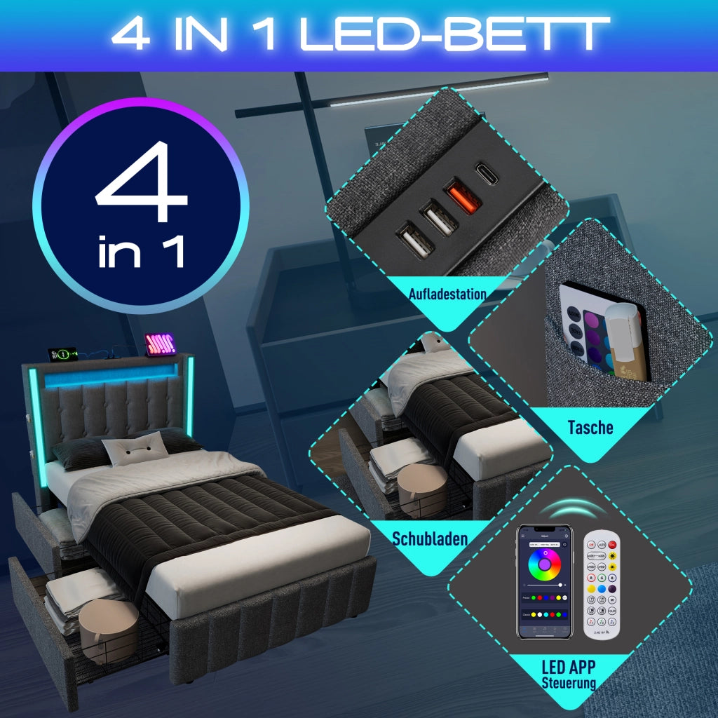 Letto singolo – 90x200 cm – USBC LED 2 cassetti – legno grigio