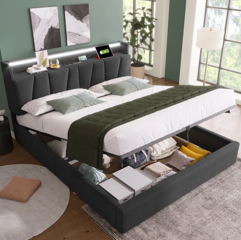 Polsterbett matrimoniale 160x200 cm con testiera contenitore; USB; LED RGBW e materasso; grigio