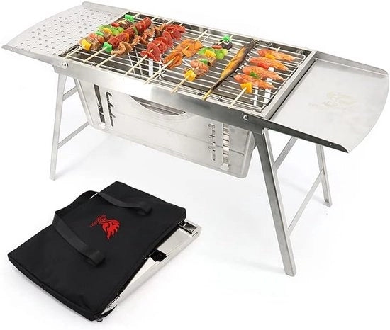 Grill a legna - Grande grill all'aperto - Barbecue a legna - Tavolo barbecue - Ripiegabile - Portatile - con Tasca portatile - Nessuna installazione necessaria - Acciaio inossidabile - 30,5x85x40cm - Argento