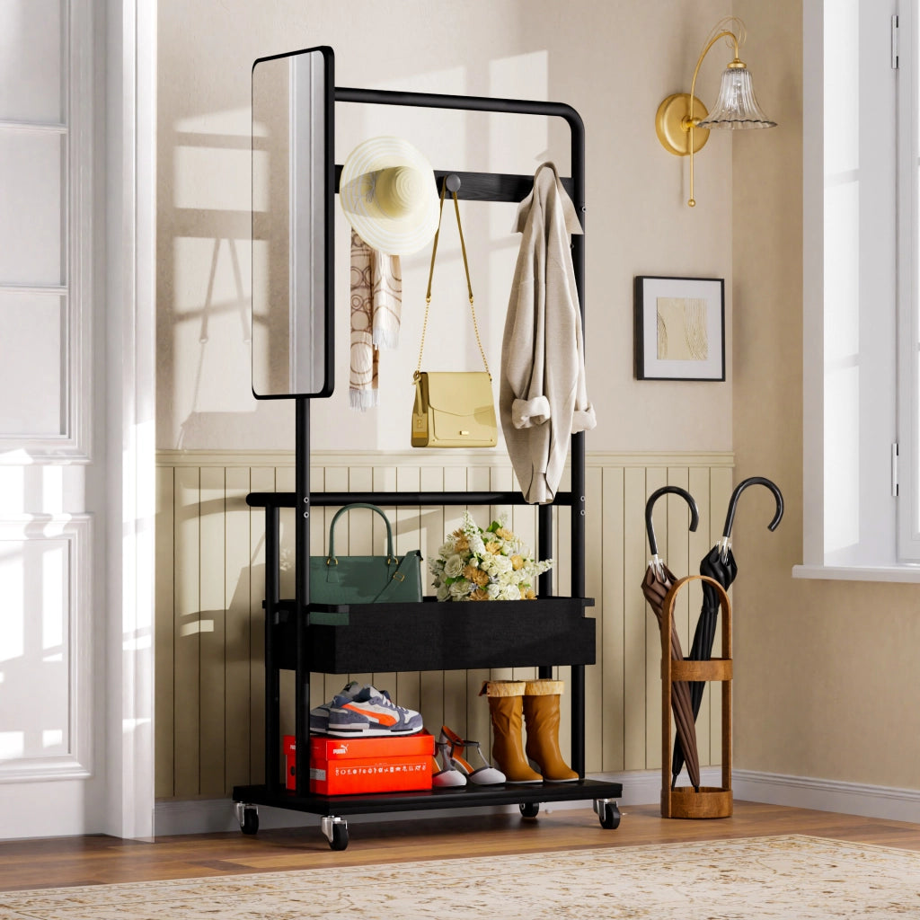 Armadio modulare aperto con vano appendiabiti; specchio e ruote - per ingresso - 70×40×170 cm - nero