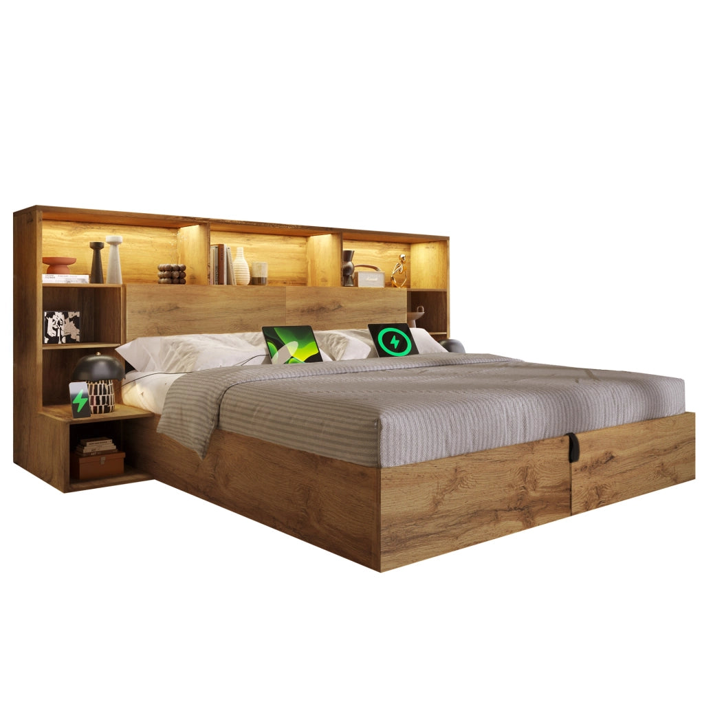Letto contenitore con LED, prese USB e comodini integrati, 160x200 cm