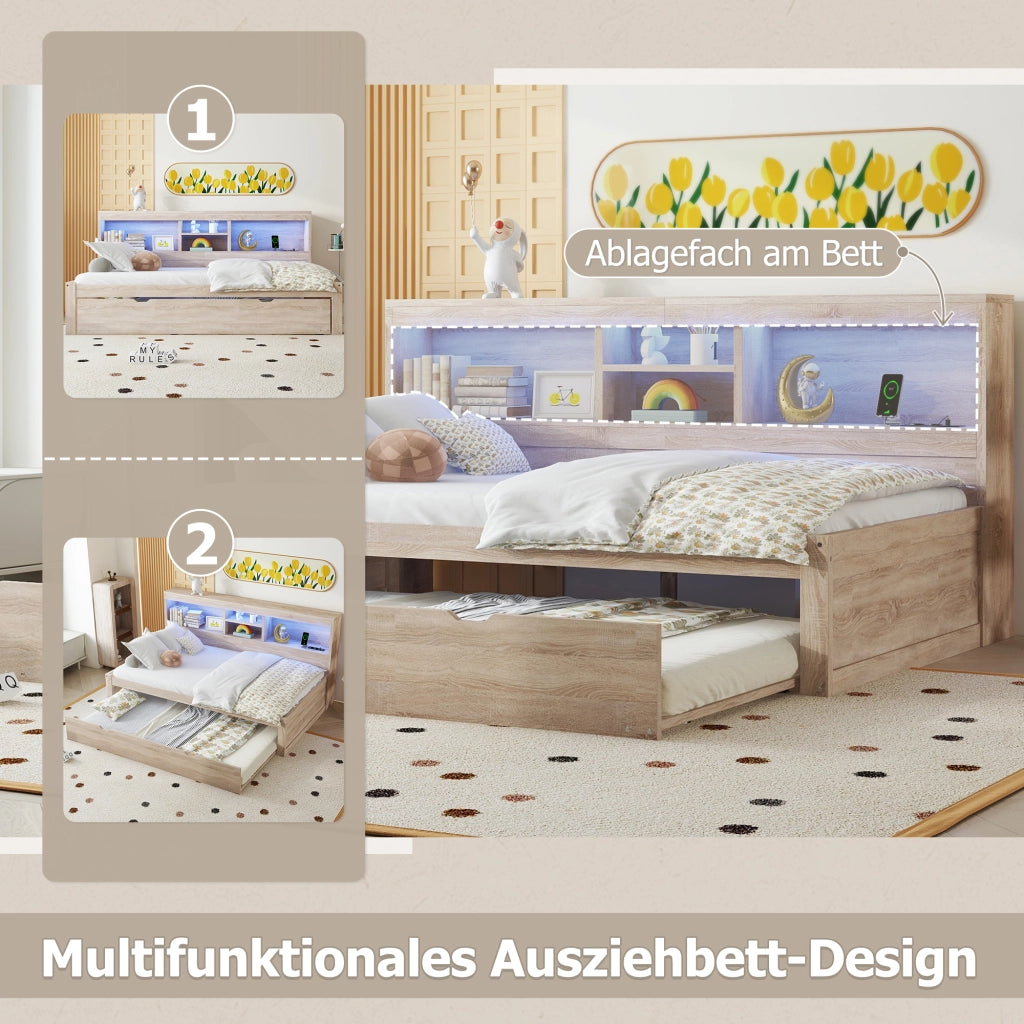 Letto estraibile singolo 90×200 cm con LED; vano laterale; prese e USB; senza materasso; naturale